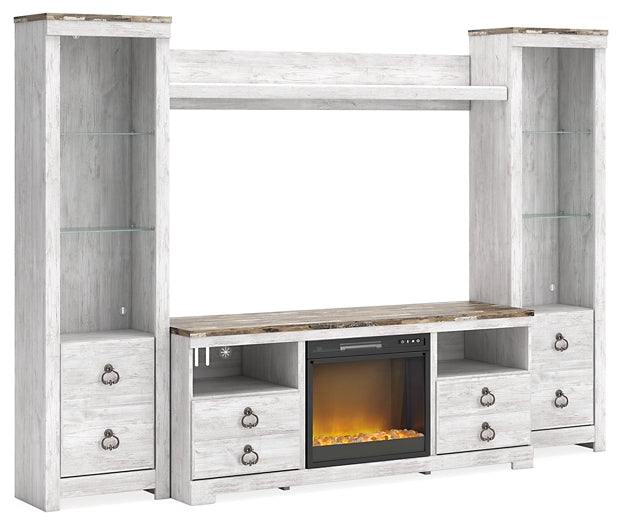 Willowton 4-Piece Entertainment Center with Electric Fireplace Smyrna Furniture Outlet