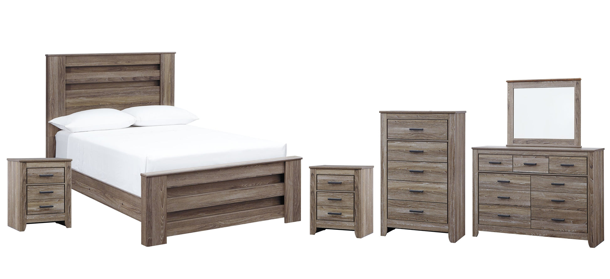 Zelen Full Panel Bed with Mirrored Dresser, Chest and 2 Nightstands Smyrna Furniture Outlet