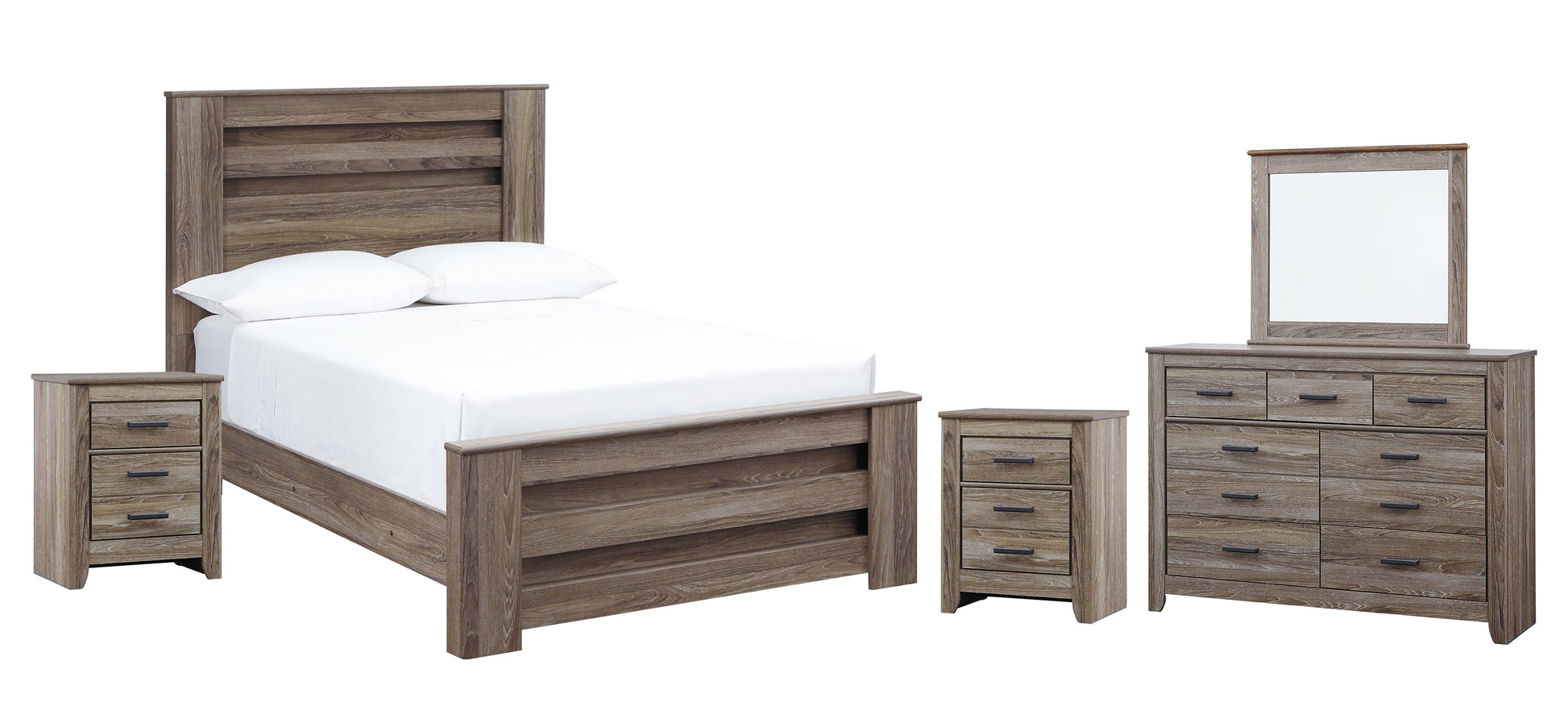 Zelen Full Panel Bed with Mirrored Dresser and 2 Nightstands Smyrna Furniture Outlet