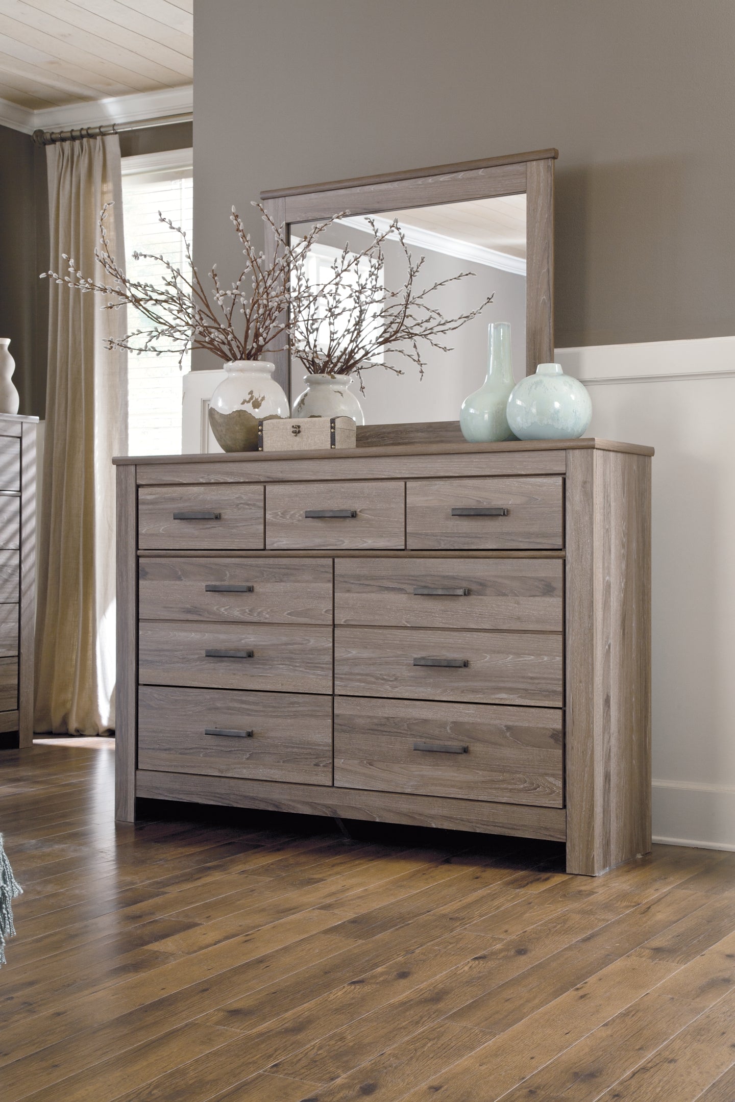 Zelen Full Panel Headboard with Mirrored Dresser, Chest and 2 Nightstands Smyrna Furniture Outlet