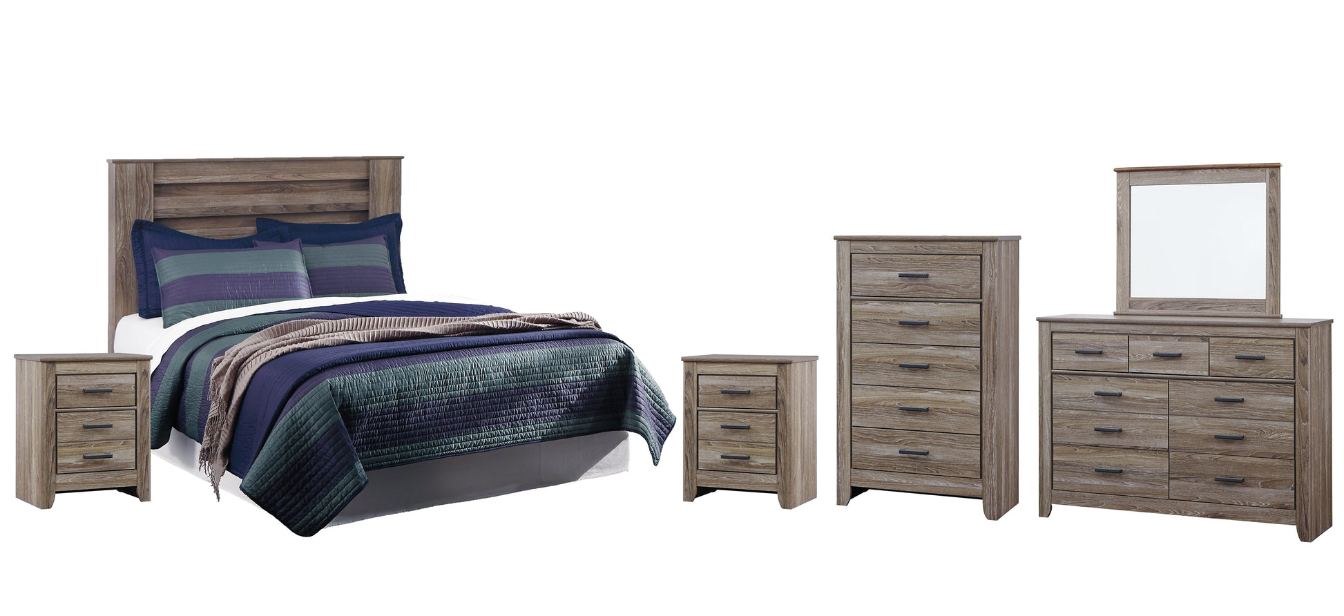 Zelen Queen/Full Panel Headboard with Mirrored Dresser, Chest and 2 Nightstands Smyrna Furniture Outlet