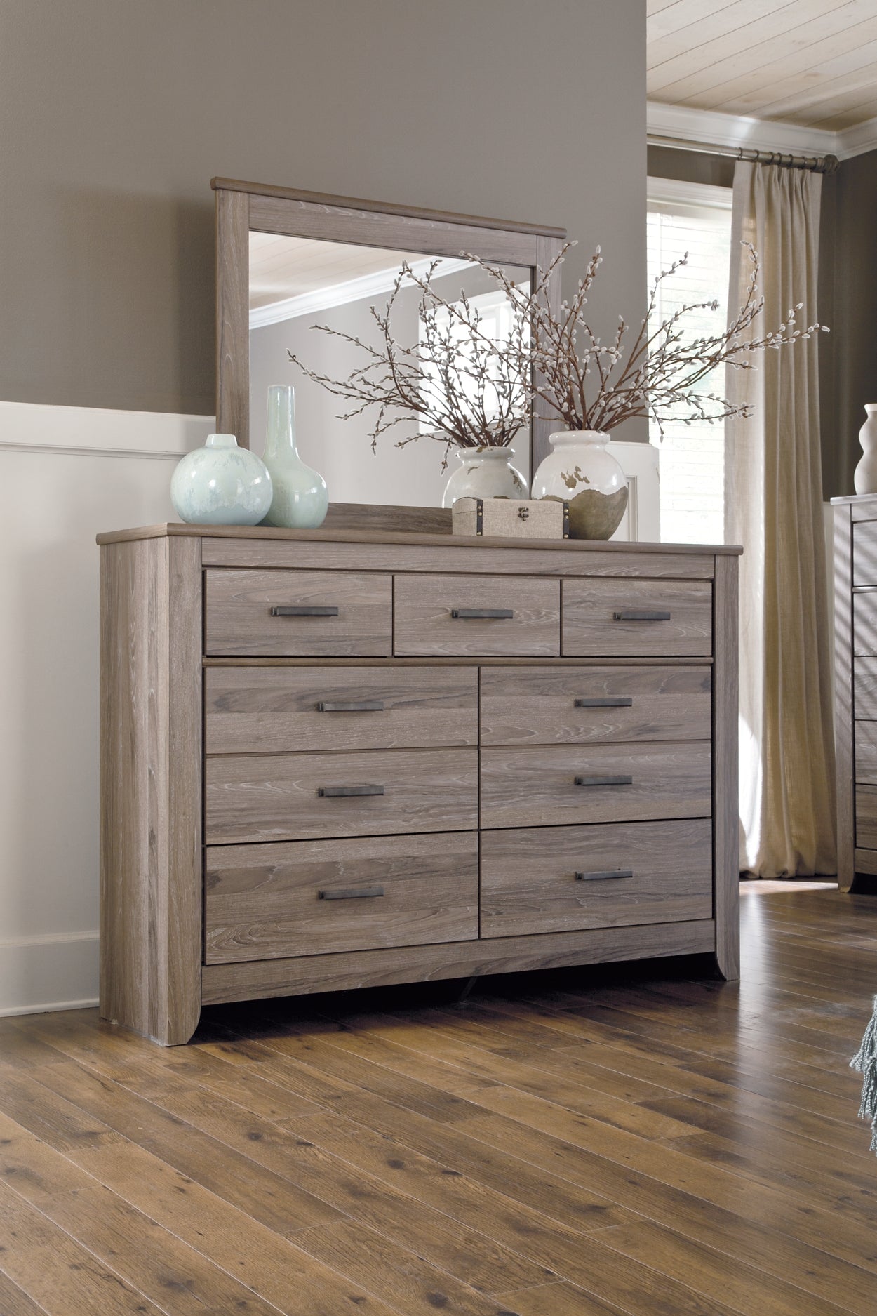 Zelen Queen Panel Bed with Mirrored Dresser and Chest Smyrna Furniture Outlet