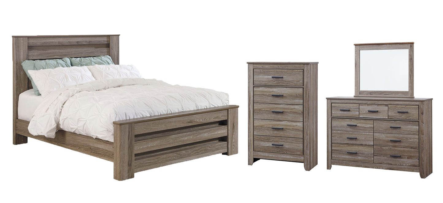 Zelen Queen Panel Bed with Mirrored Dresser and Chest Smyrna Furniture Outlet