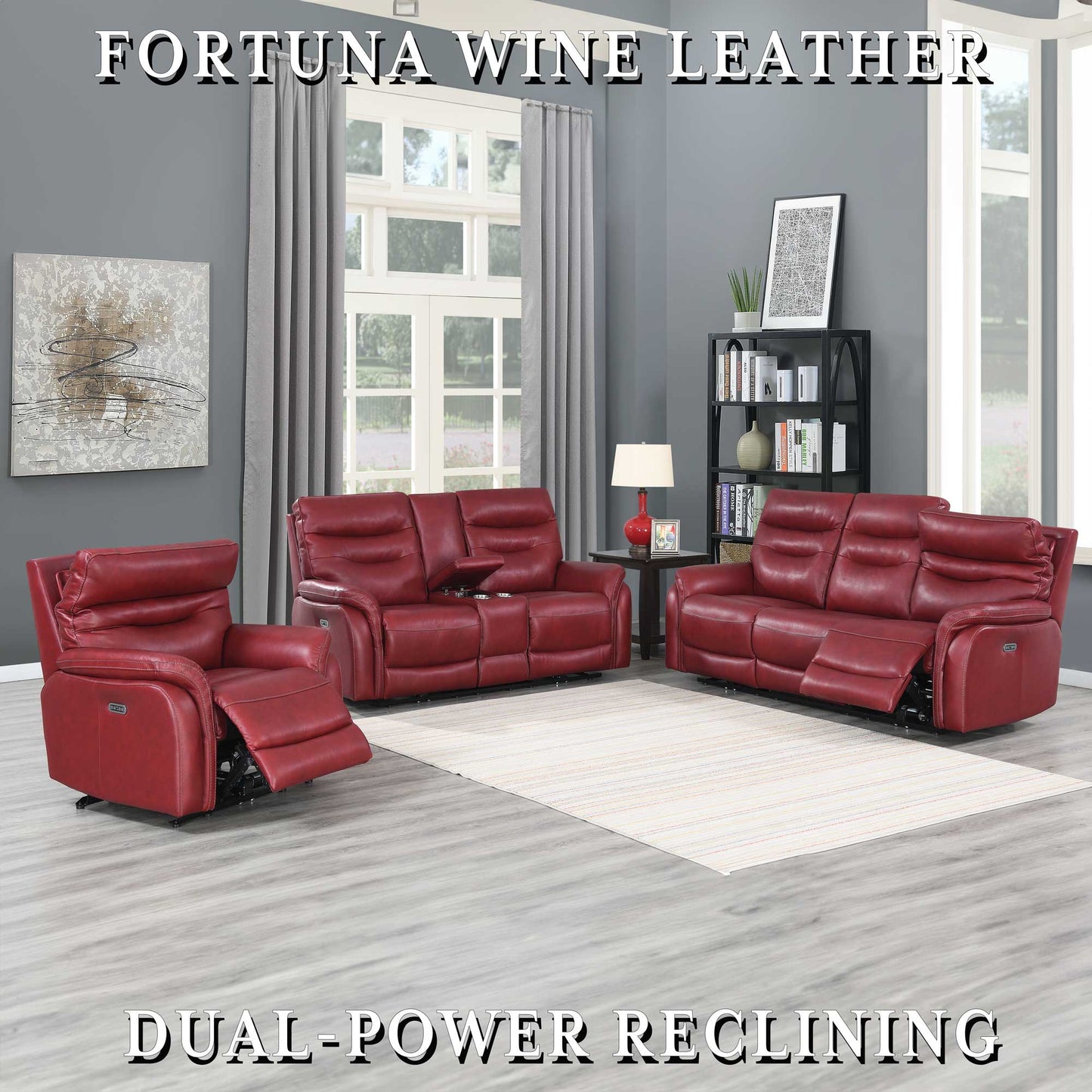 FORTUNA 3-PIECE LEATHER DUAL-RECLINING SET, WINE