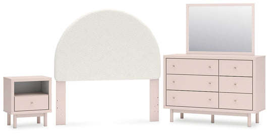 Wistenpine Full Upholstered Panel Headboard with Mirrored Dresser and Nightstand