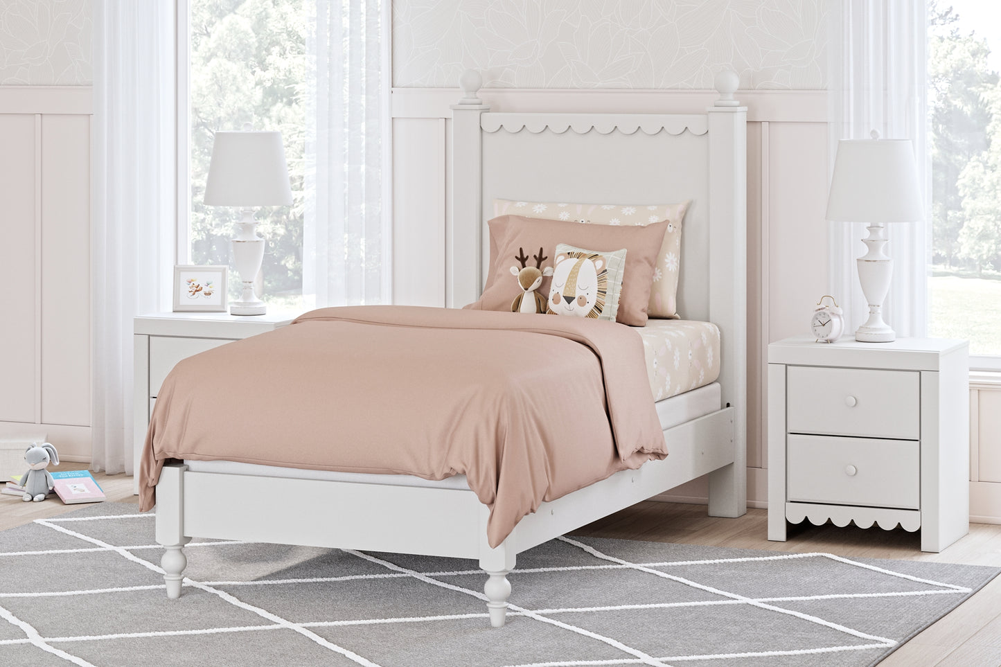 Mollviney Full Panel Bed with Mirrored Dresser, Chest and Nightstand