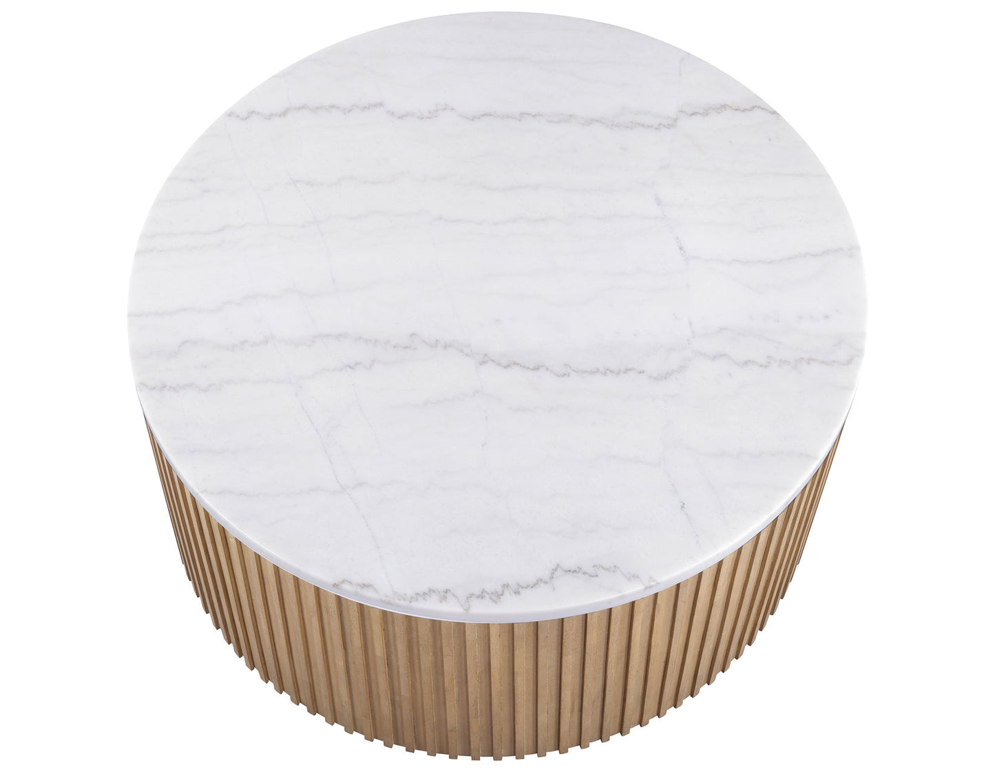 Colvin 36″ Round Castered White Marble Top Coffee Table, Toffee Finish