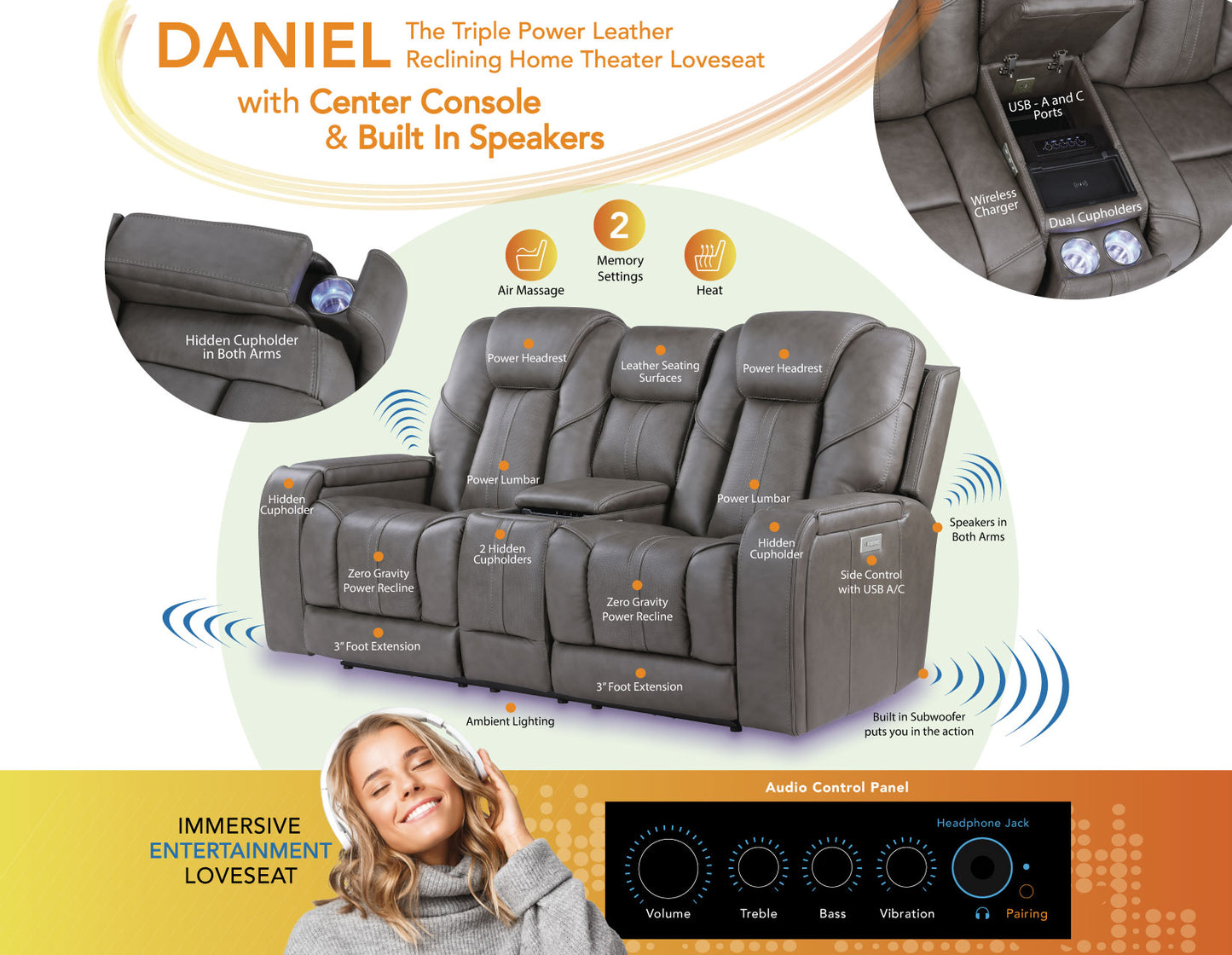 Daniel Triple Power Home Theater Leather Reclining Console Loveseat, Built-in Speakers, Heat and Massage