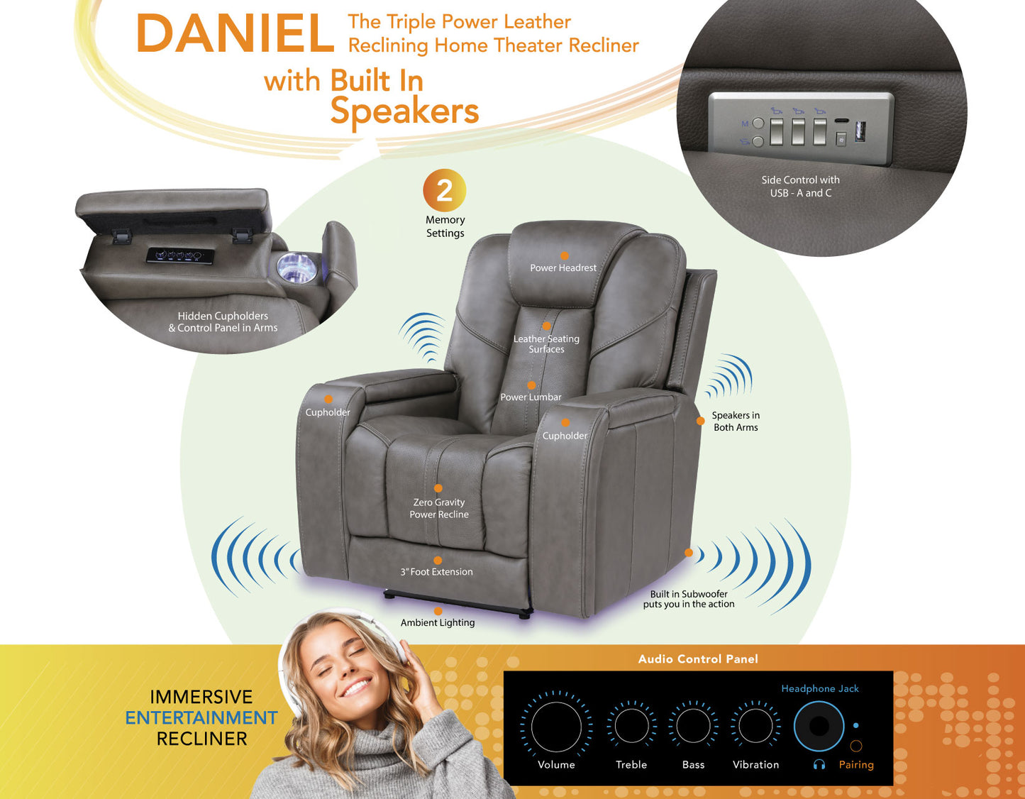 Daniel 3-Piece Triple Power Home Theater Immersive Entertainment Leather Reclining Set