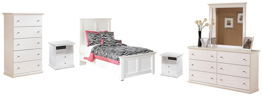 Bostwick Shoals Twin Panel Bed with Mirrored Dresser, Chest and 2 Nightstands Smyrna Furniture Outlet