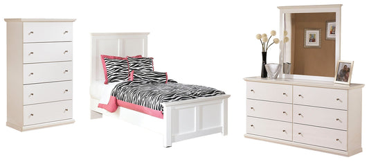 Bostwick Shoals Twin Panel Bed with Mirrored Dresser and Chest Smyrna Furniture Outlet