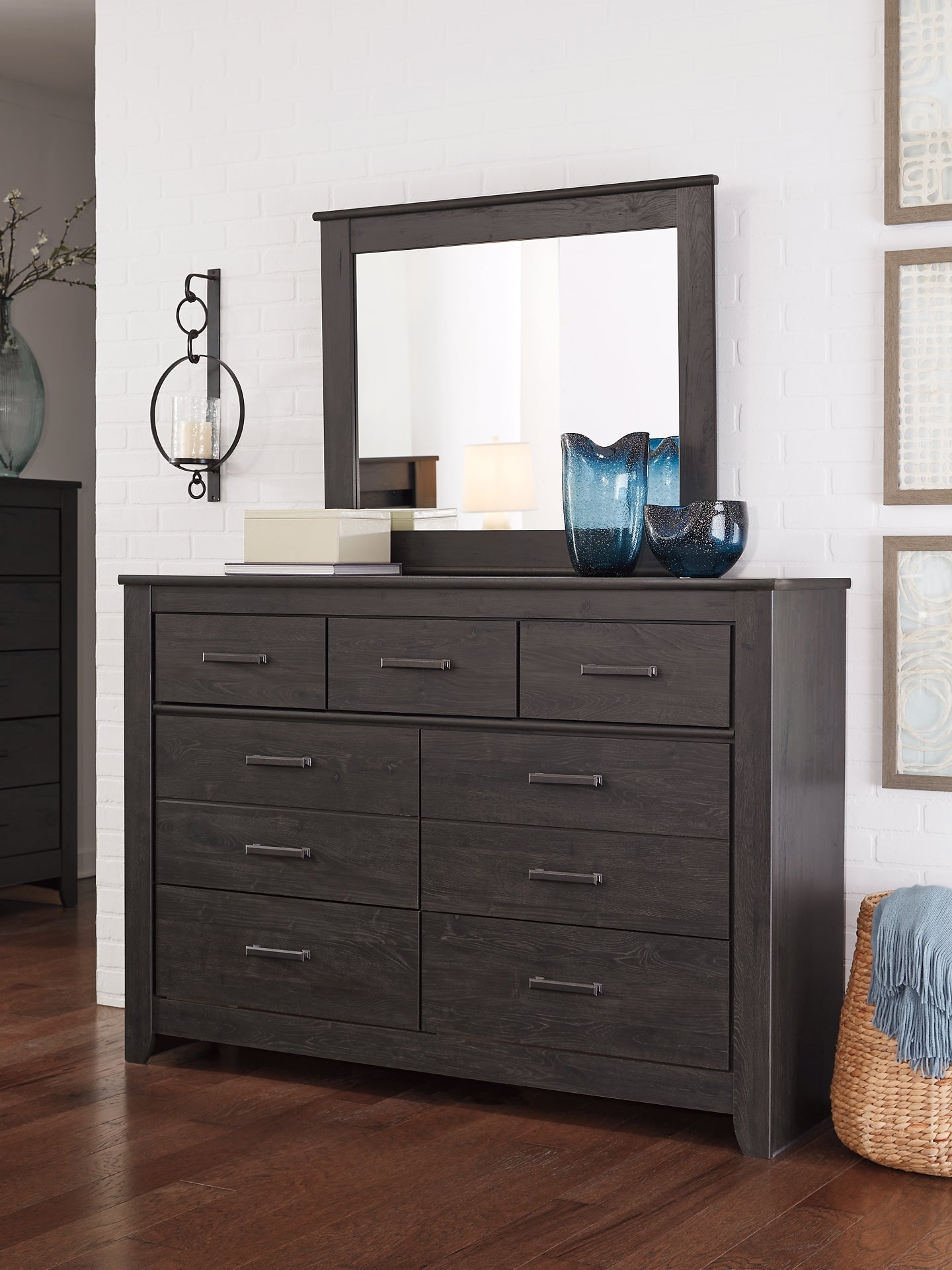 Brinxton Full Panel Bed with Mirrored Dresser, Chest and 2 Nightstands Smyrna Furniture Outlet