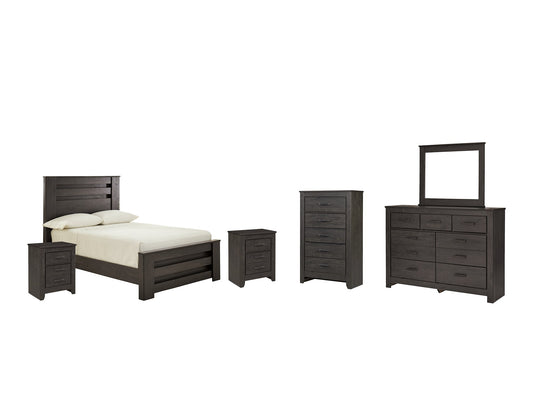 Brinxton Full Panel Bed with Mirrored Dresser, Chest and 2 Nightstands Smyrna Furniture Outlet