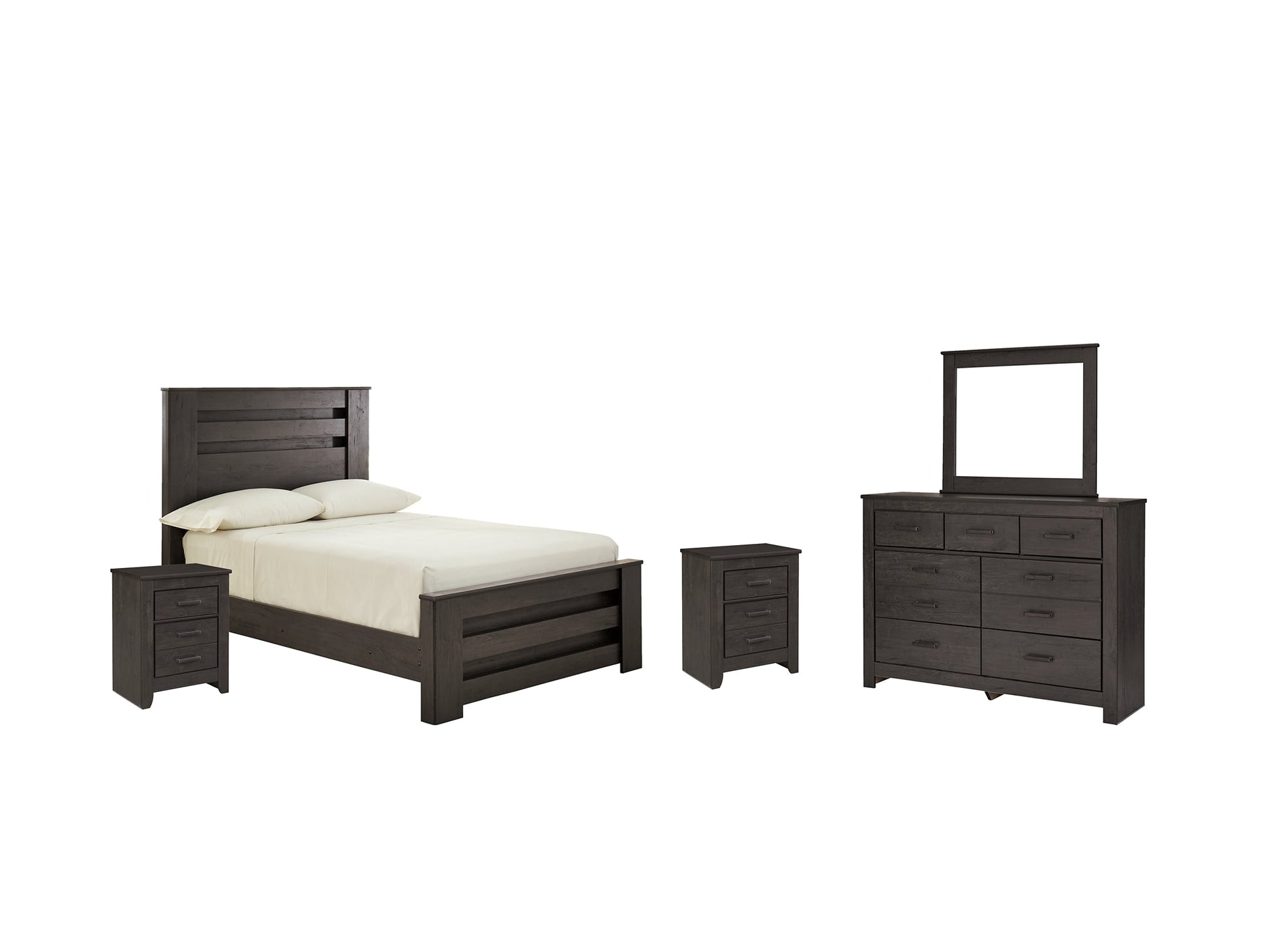 Brinxton Full Panel Bed with Mirrored Dresser and 2 Nightstands Smyrna Furniture Outlet