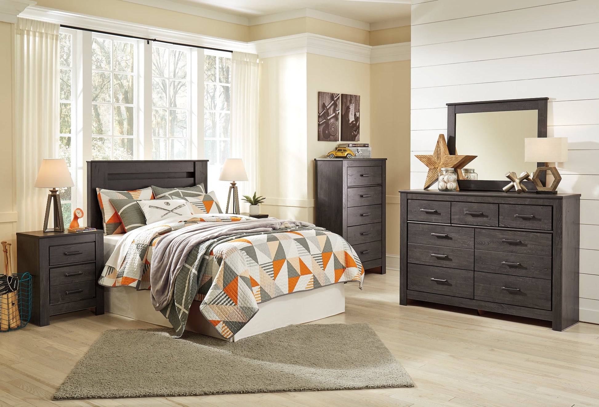 Brinxton Full Panel Headboard with Mirrored Dresser, Chest and 2 Nightstands Smyrna Furniture Outlet