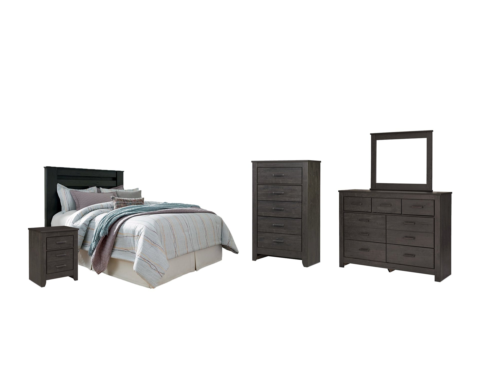 Brinxton King/California King Panel Headboard with Mirrored Dresser, Chest and Nightstand Smyrna Furniture Outlet