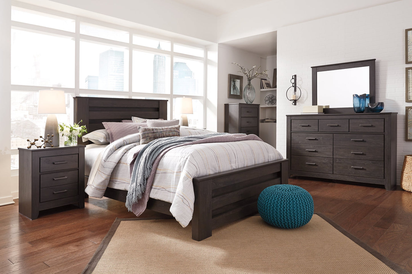 Brinxton King Panel Bed with Mirrored Dresser, Chest and 2 Nightstands Smyrna Furniture Outlet