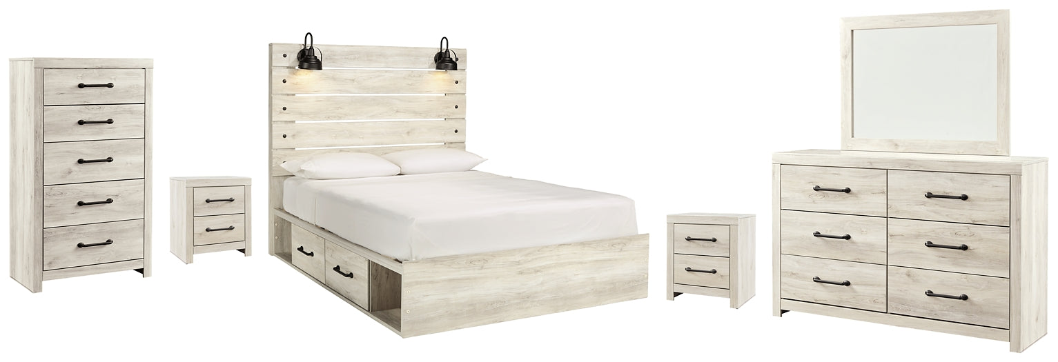 Cambeck Queen Panel Bed with 4 Storage Drawers with Mirrored Dresser, Chest and 2 Nightstands Smyrna Furniture Outlet