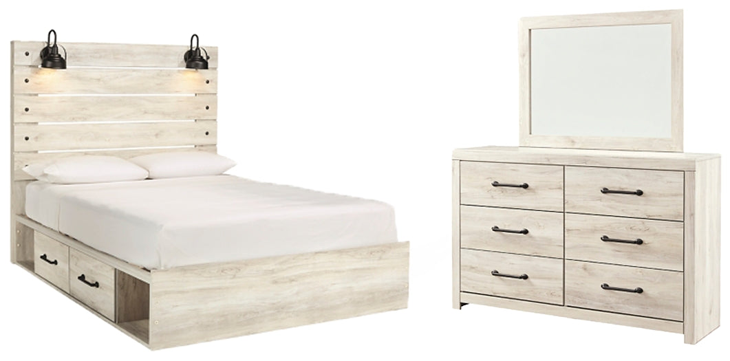 Cambeck Queen Panel Bed with 4 Storage Drawers with Mirrored Dresser Smyrna Furniture Outlet