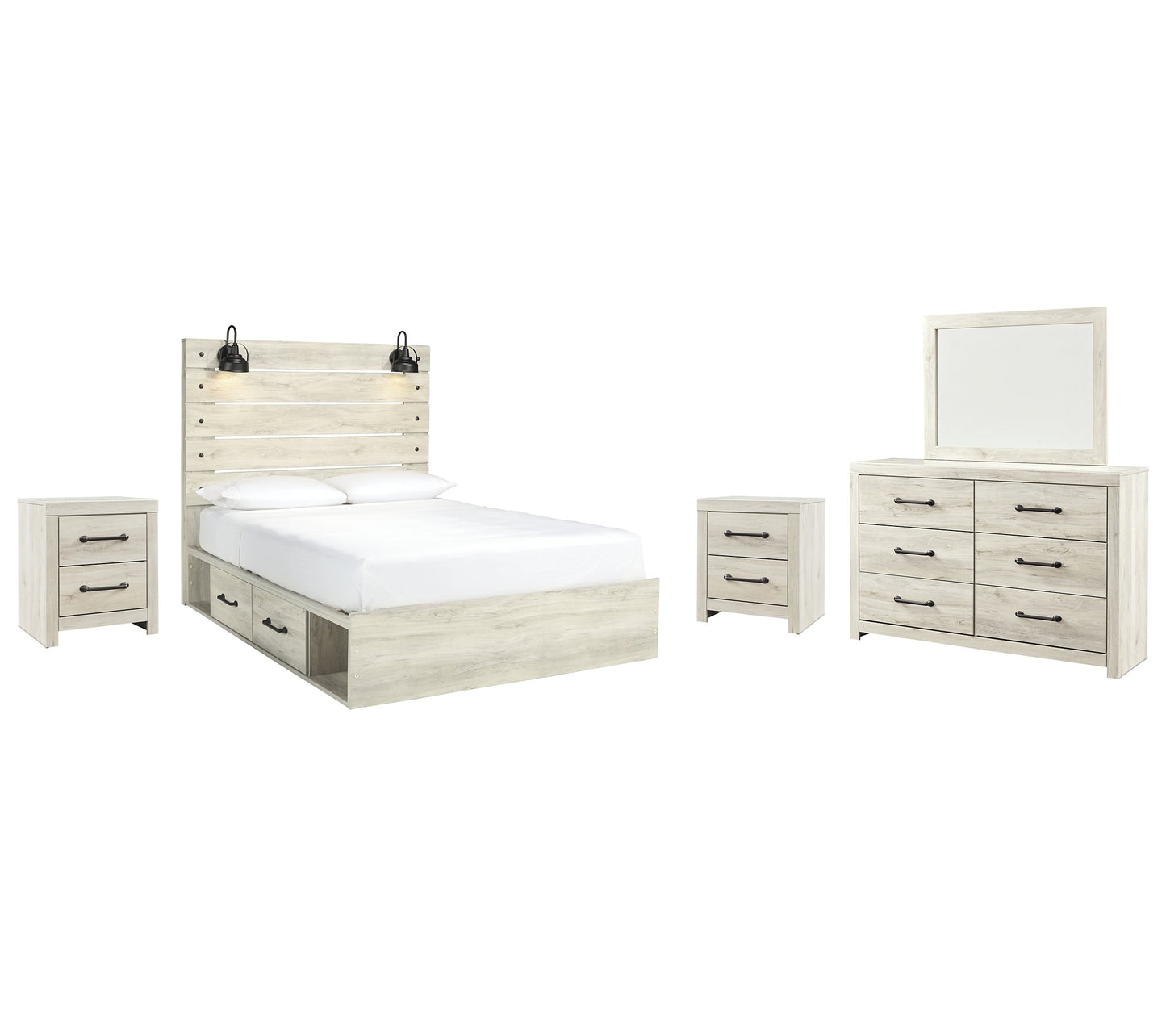 Cambeck Queen Panel Bed with 4 Storage Drawers with Mirrored Dresser and 2 Nightstands Smyrna Furniture Outlet