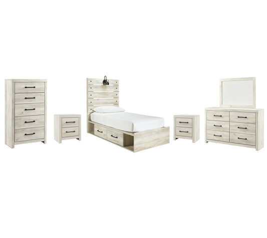 Cambeck Twin Panel Bed with 4 Storage Drawers with Mirrored Dresser, Chest and 2 Nightstands Smyrna Furniture Outlet