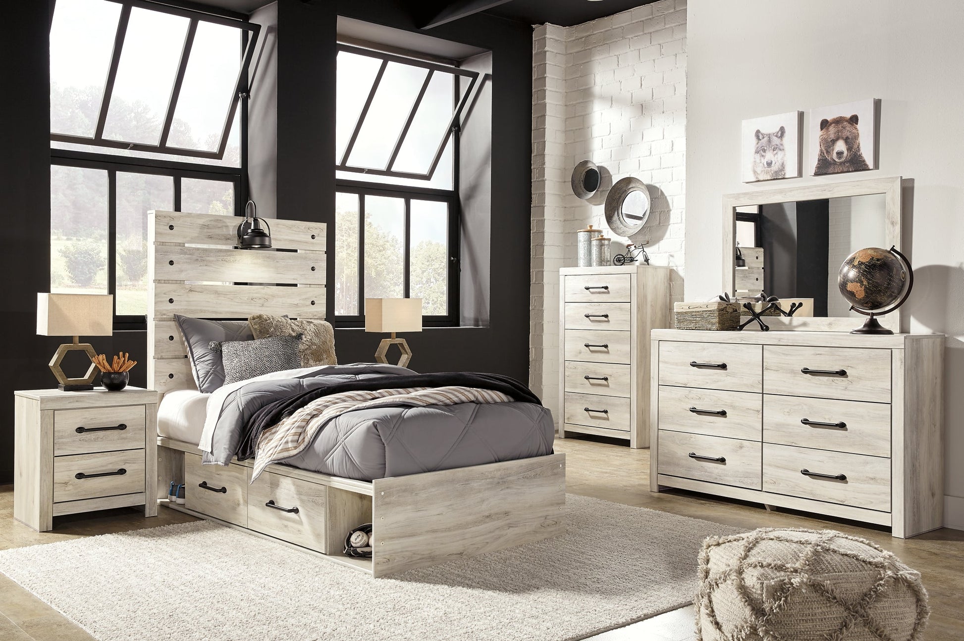 Cambeck Twin Panel Bed with 4 Storage Drawers with Mirrored Dresser, Chest and 2 Nightstands Smyrna Furniture Outlet