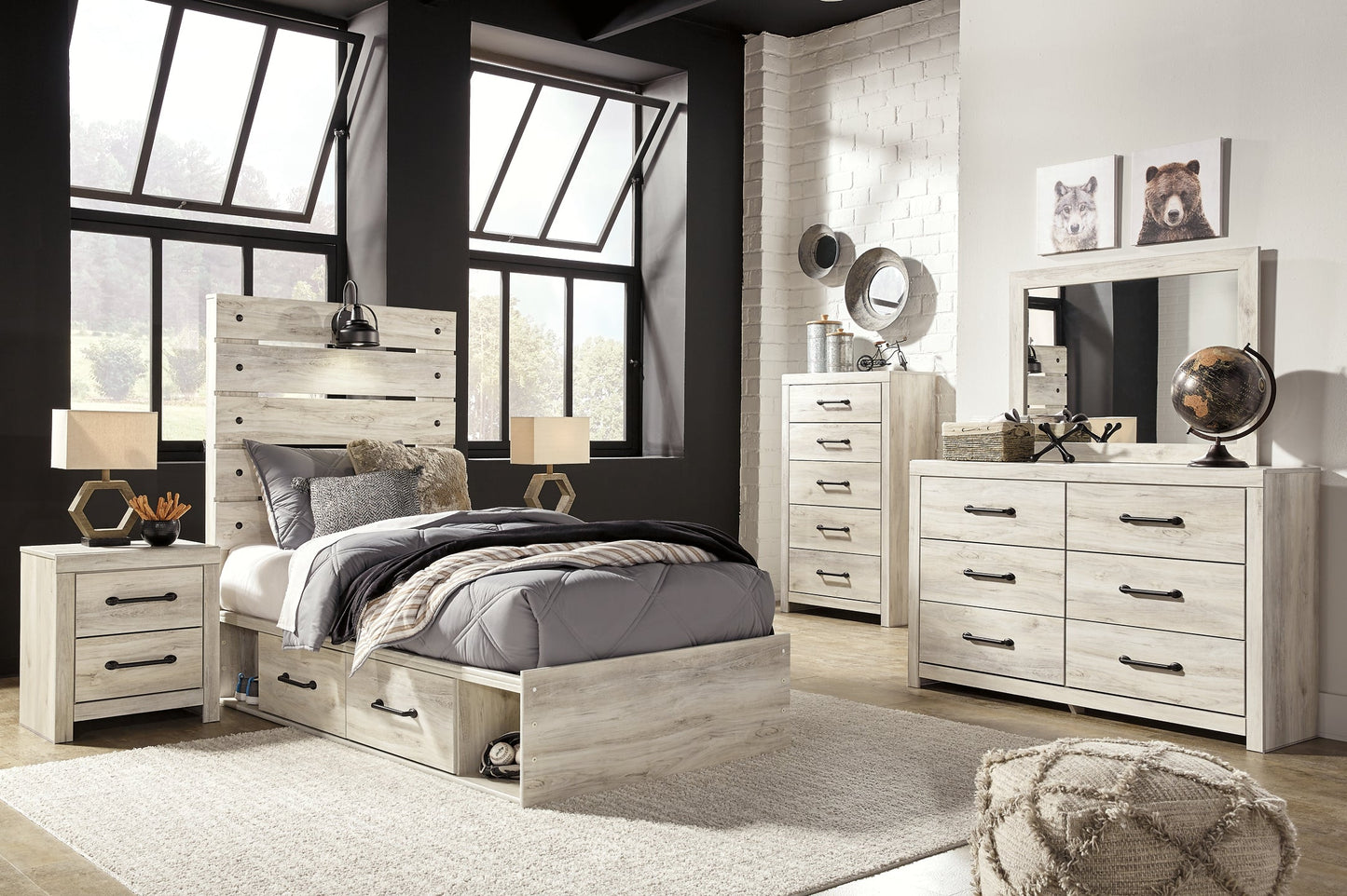 Cambeck Twin Panel Bed with 4 Storage Drawers with Mirrored Dresser, Chest and Nightstand Smyrna Furniture Outlet