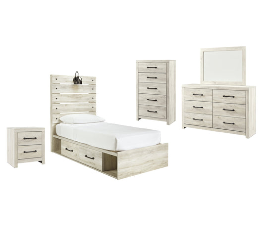 Cambeck Twin Panel Bed with 4 Storage Drawers with Mirrored Dresser, Chest and Nightstand Smyrna Furniture Outlet