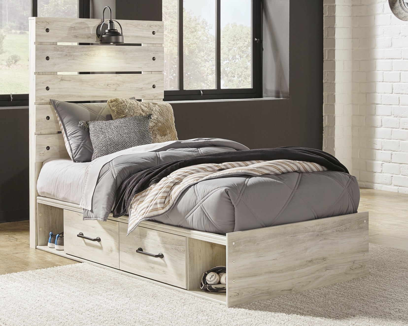 Cambeck Twin Panel Bed with 4 Storage Drawers with Mirrored Dresser Smyrna Furniture Outlet