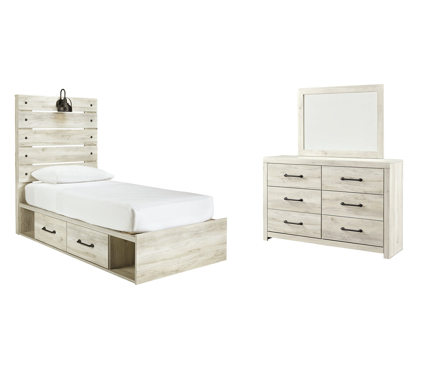 Cambeck Twin Panel Bed with 4 Storage Drawers with Mirrored Dresser Smyrna Furniture Outlet