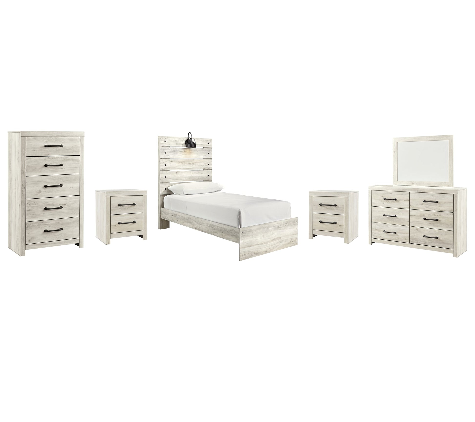 Cambeck Twin Panel Bed with Mirrored Dresser, Chest and 2 Nightstands Smyrna Furniture Outlet