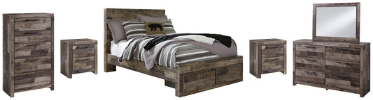 Derekson Full Panel Bed with 2 Storage Drawers with Mirrored Dresser, Chest and 2 Nightstands Smyrna Furniture Outlet