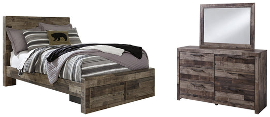 Derekson Full Panel Bed with 2 Storage Drawers with Mirrored Dresser Smyrna Furniture Outlet