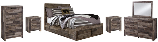Derekson Full Panel Bed with 6 Storage Drawers with Mirrored Dresser, Chest and 2 Nightstands Smyrna Furniture Outlet