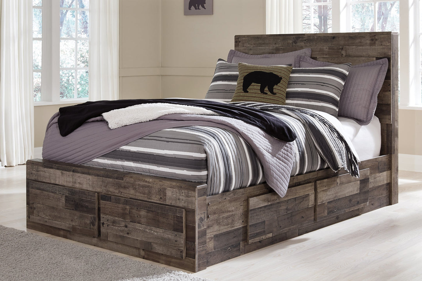 Derekson Full Panel Bed with 6 Storage Drawers with Mirrored Dresser, Chest and Nightstand Smyrna Furniture Outlet