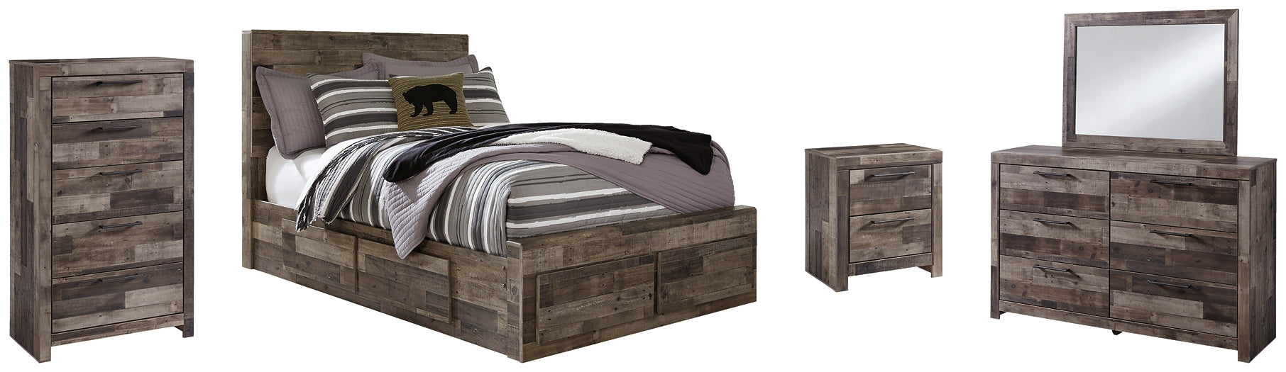 Derekson Full Panel Bed with 6 Storage Drawers with Mirrored Dresser, Chest and Nightstand Smyrna Furniture Outlet