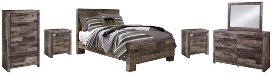 Derekson Full Panel Bed with Mirrored Dresser, Chest and 2 Nightstands Smyrna Furniture Outlet