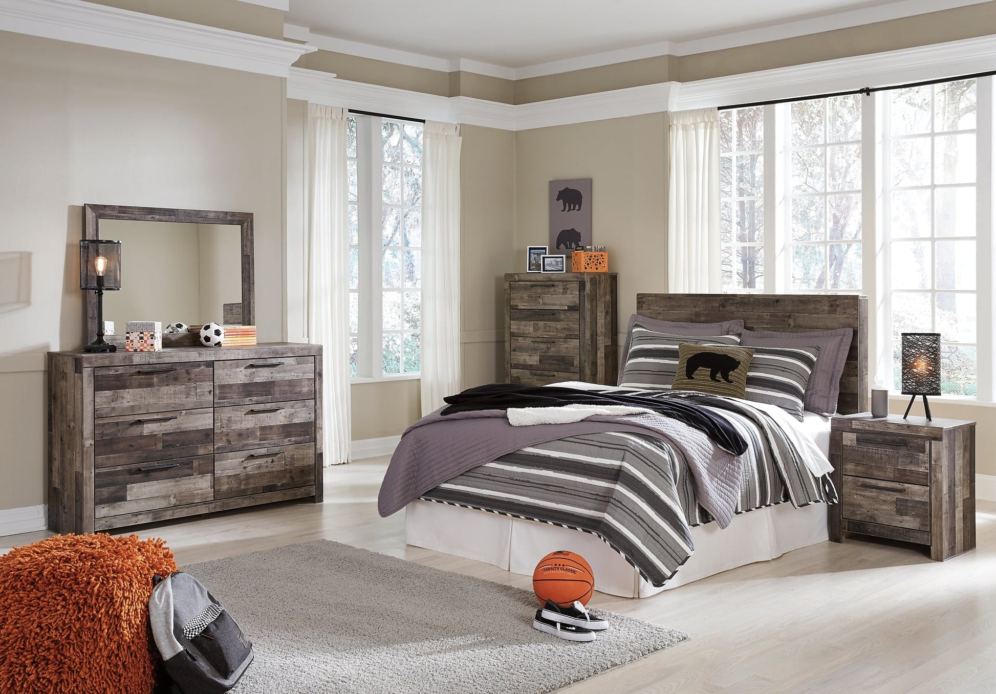 Derekson Full Panel Headboard with Mirrored Dresser, Chest and Nightstand Smyrna Furniture Outlet