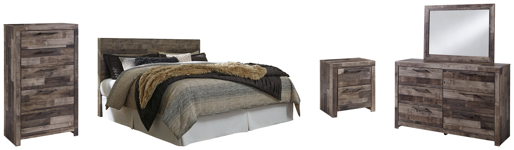 Derekson King Panel Headboard with Mirrored Dresser, Chest and Nightstand Smyrna Furniture Outlet