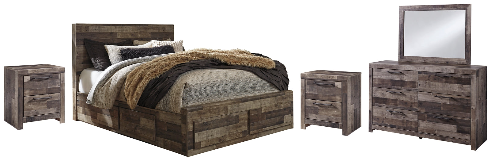 Derekson Queen Panel Bed with 6 Storage Drawers with Mirrored Dresser and 2 Nightstands Smyrna Furniture Outlet