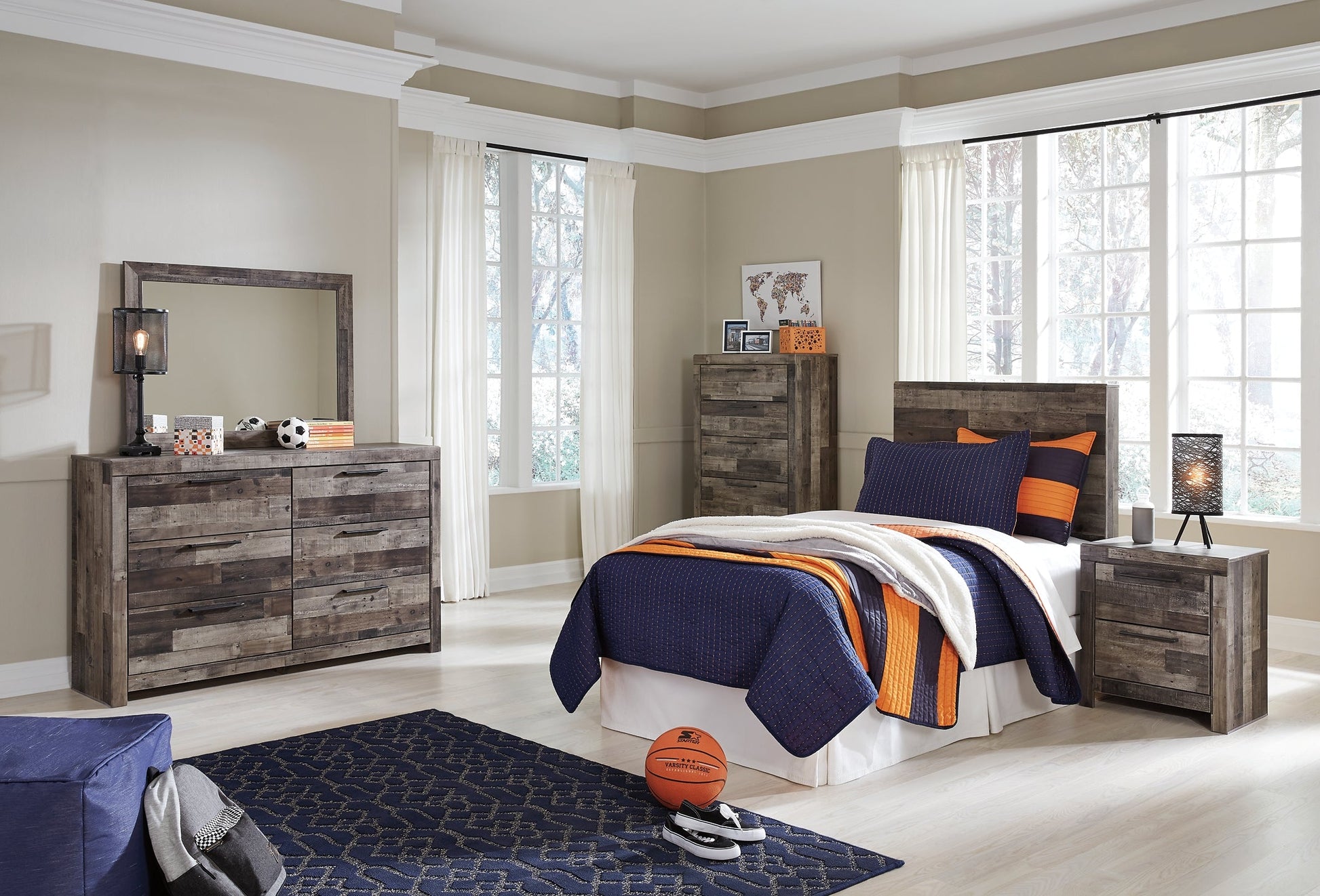 Derekson Twin Panel Headboard with Mirrored Dresser, Chest and Nightstand Smyrna Furniture Outlet