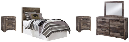 Derekson Twin Panel Headboard with Mirrored Dresser and 2 Nightstands Smyrna Furniture Outlet