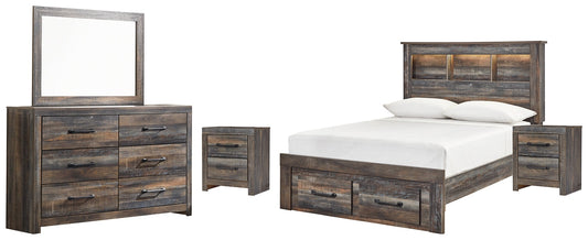 Drystan Full Bookcase Bed with 2 Storage Drawers with Mirrored Dresser and 2 Nightstands Smyrna Furniture Outlet