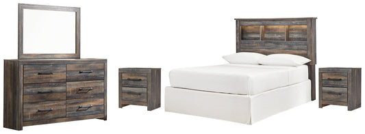 Drystan Full Bookcase Headboard with Mirrored Dresser and 2 Nightstands Smyrna Furniture Outlet