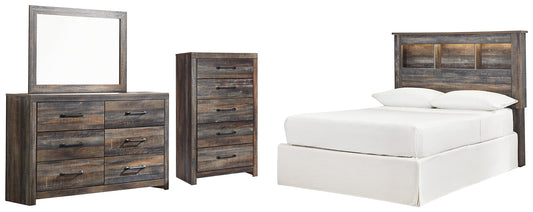 Drystan Full Bookcase Headboard with Mirrored Dresser and Chest Smyrna Furniture Outlet