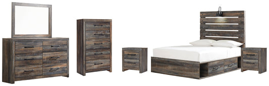 Drystan Full Panel Bed with 4 Storage Drawers with Mirrored Dresser, Chest and 2 Nightstands Smyrna Furniture Outlet