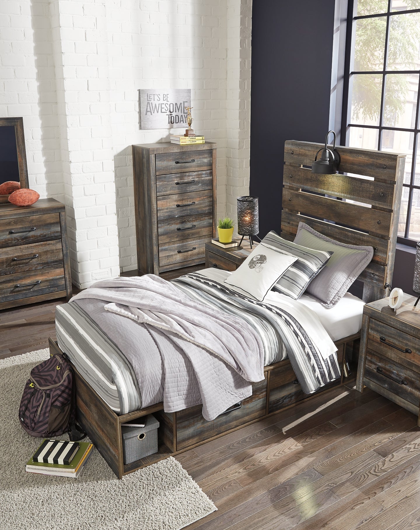 Drystan Full Panel Bed with 4 Storage Drawers with Mirrored Dresser, Chest and Nightstand Smyrna Furniture Outlet