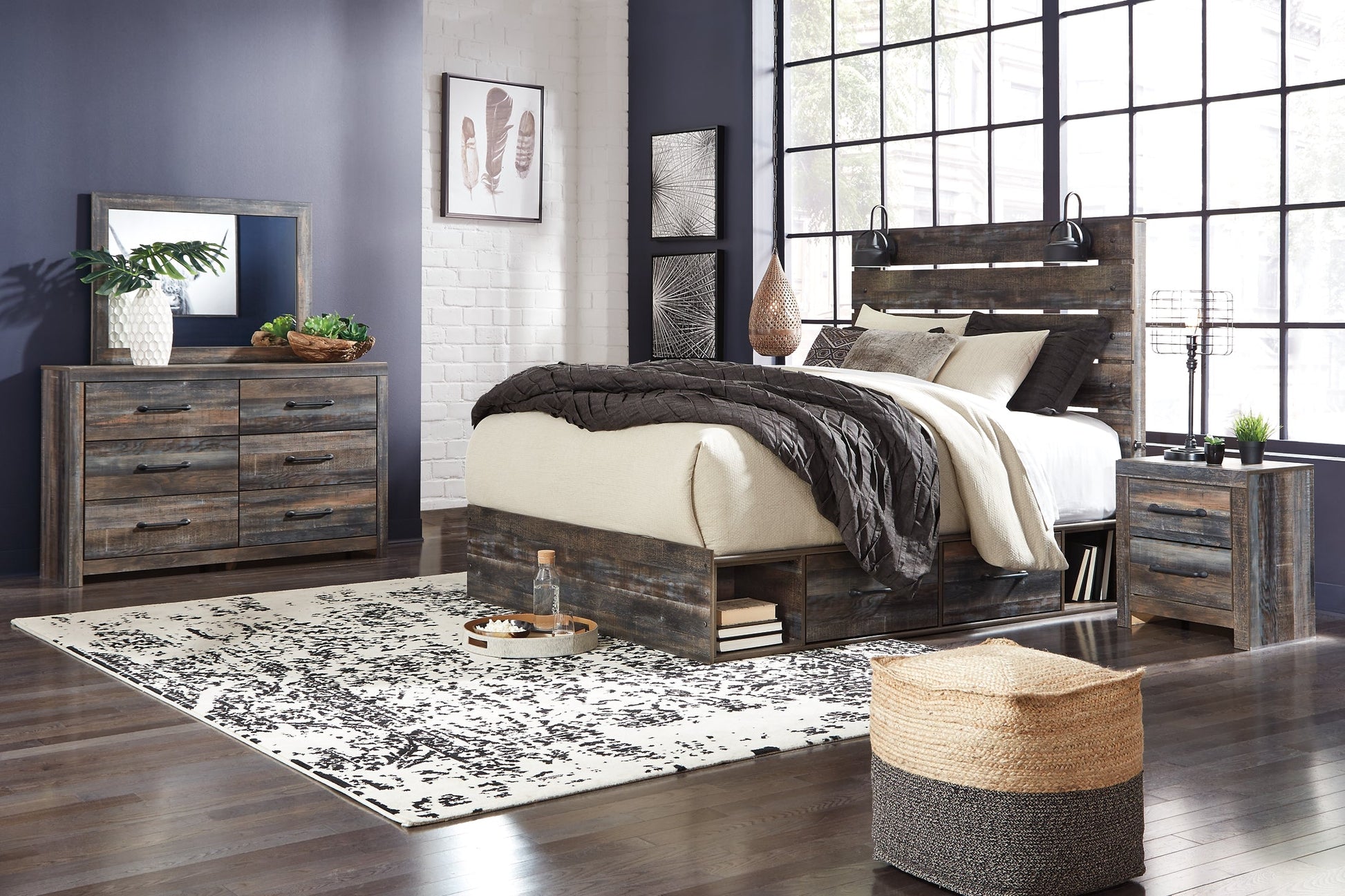 Drystan King Panel Bed with 4 Storage Drawers with Mirrored Dresser, Chest and Nightstand Smyrna Furniture Outlet