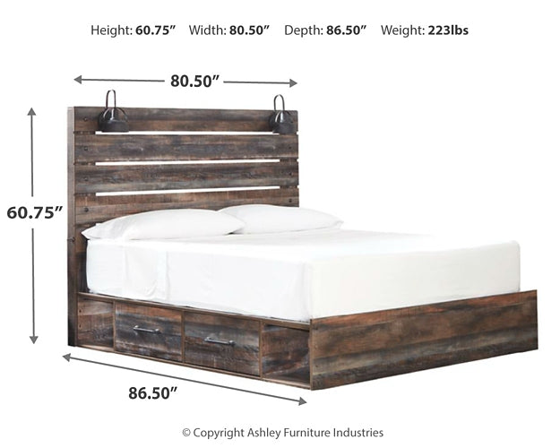 Drystan King Panel Bed with 4 Storage Drawers with Mirrored Dresser Smyrna Furniture Outlet