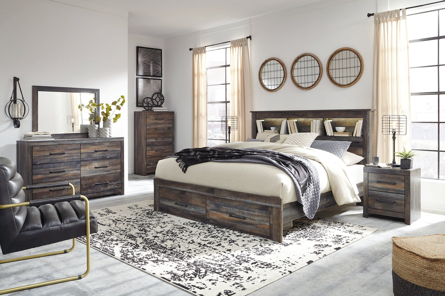 Drystan Queen Bookcase Bed with 2 Storage Drawers with Mirrored Dresser, Chest and 2 Nightstands Smyrna Furniture Outlet